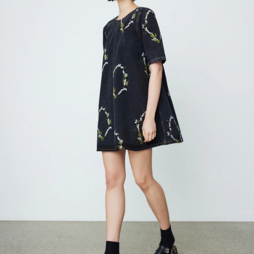 Ganni Embroidery Black Washed A-Line Mini Dress Size 38